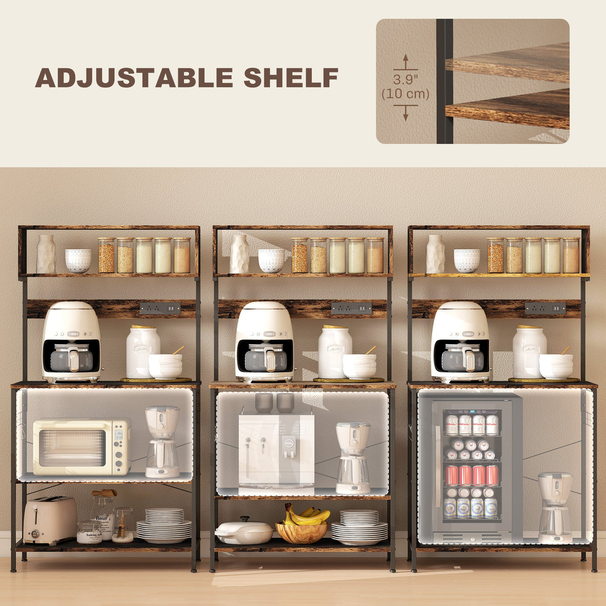 Baker's Rack with Charing Station, Microwave Shelf with Power Outlet, USB Charger and 5 Hooks, Black