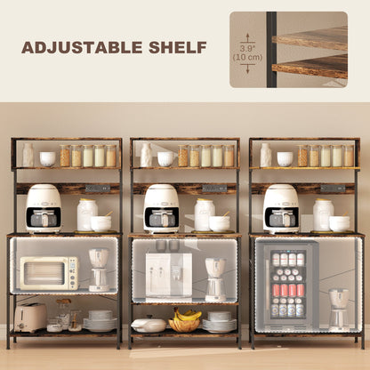 Baker's Rack with Charing Station, Microwave Shelf with Power Outlet, USB Charger and 5 Hooks, Black