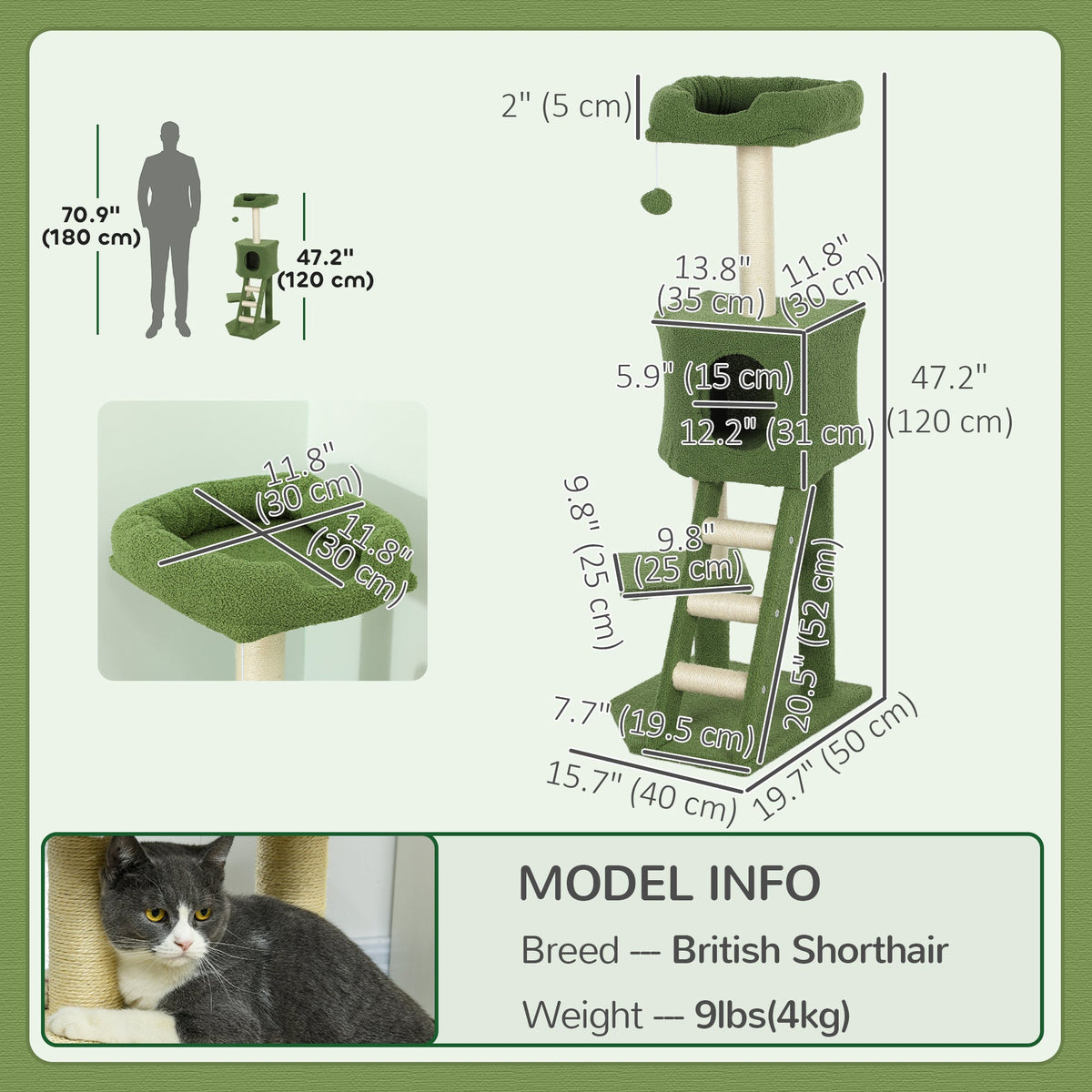 47" Tall Cat Tree Tower with Condo, Ladder, Scratching Posts and Hanging Ball, Light Grey
