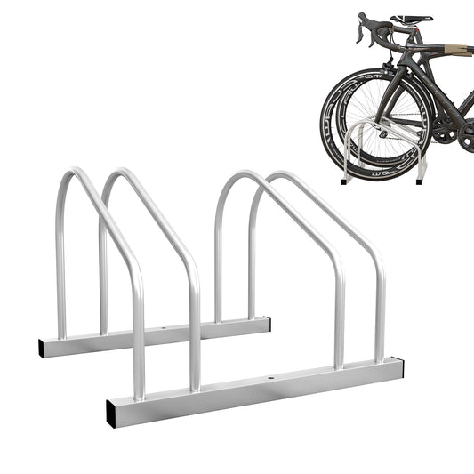2-Bike Adjustable Bike Rack, Steel Bike Stand, Ground Mount Garage Organizer for Indoor and Outdoor Use, Silver