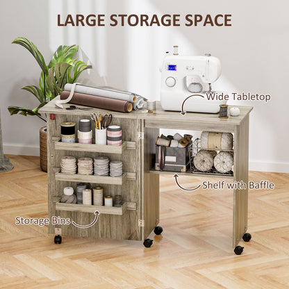 Sewing Machine Cabinet, Folding Sewing Table with Storage Shelf, Bins and Lockable Wheels for Small Space, Brown
