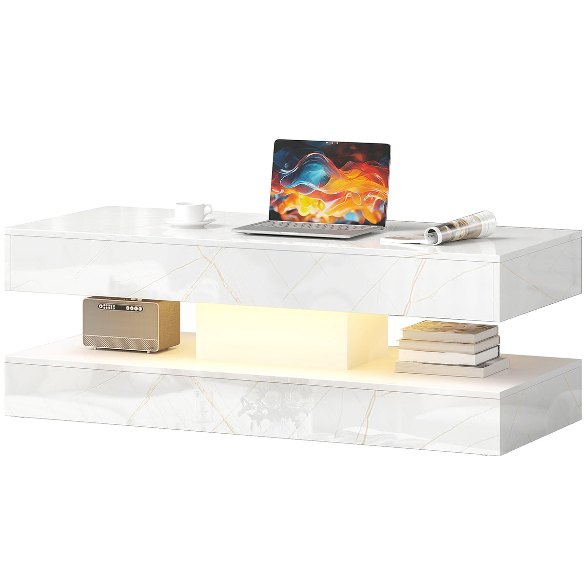 Coffee Table with Adjustable LED Lights, Modern Living Room Table with 2 Drawers, Open Shelf, Remote, High Gloss White