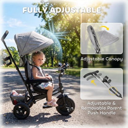 6 in 1 Toddler Tricycle Stroller with Basket, Canopy, 5-point Safety Harness, for 12-60 Months, Grey