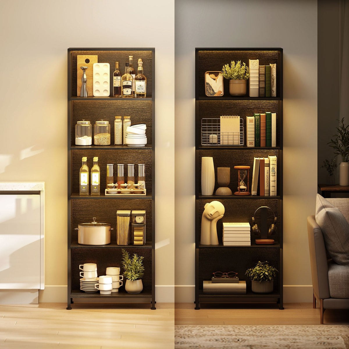 5-Tier Bookshelf, Freestanding Bookcase with LED Lights and Metal Frame for Living Room, Bedroom, Home Office, Black