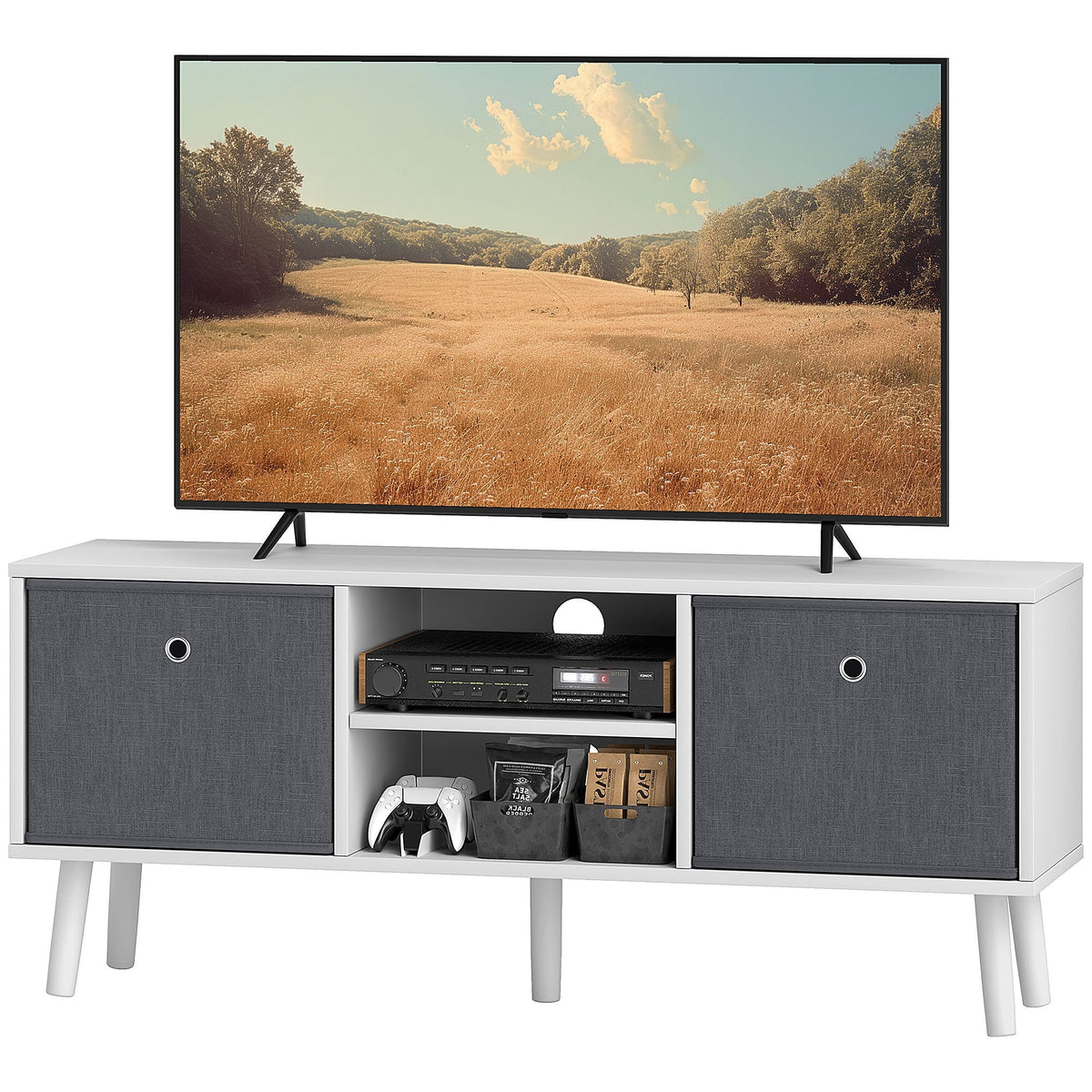 Modern TV Stand Cabinet with Foldable Drawers and Shelves for Living Room, Bedroom, White