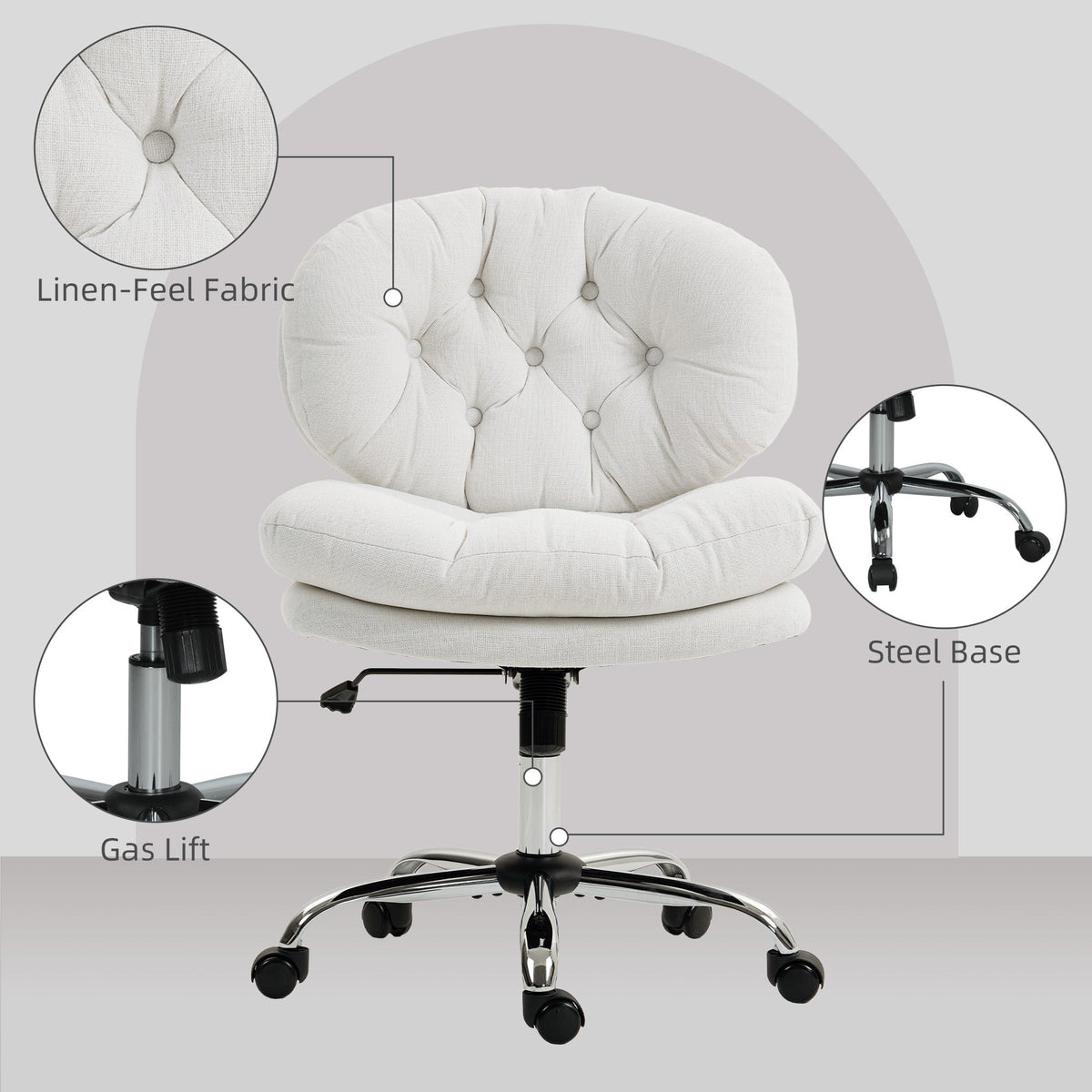 Computer Desk Chair, Armless Office Chair with Wide Padded Seat and Adjustable Height, Cream White