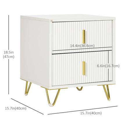 Bedside Table, Modern Nightstand with 2 Drawers, Side End Table with Metal Legs for Living Room, Bedroom, White