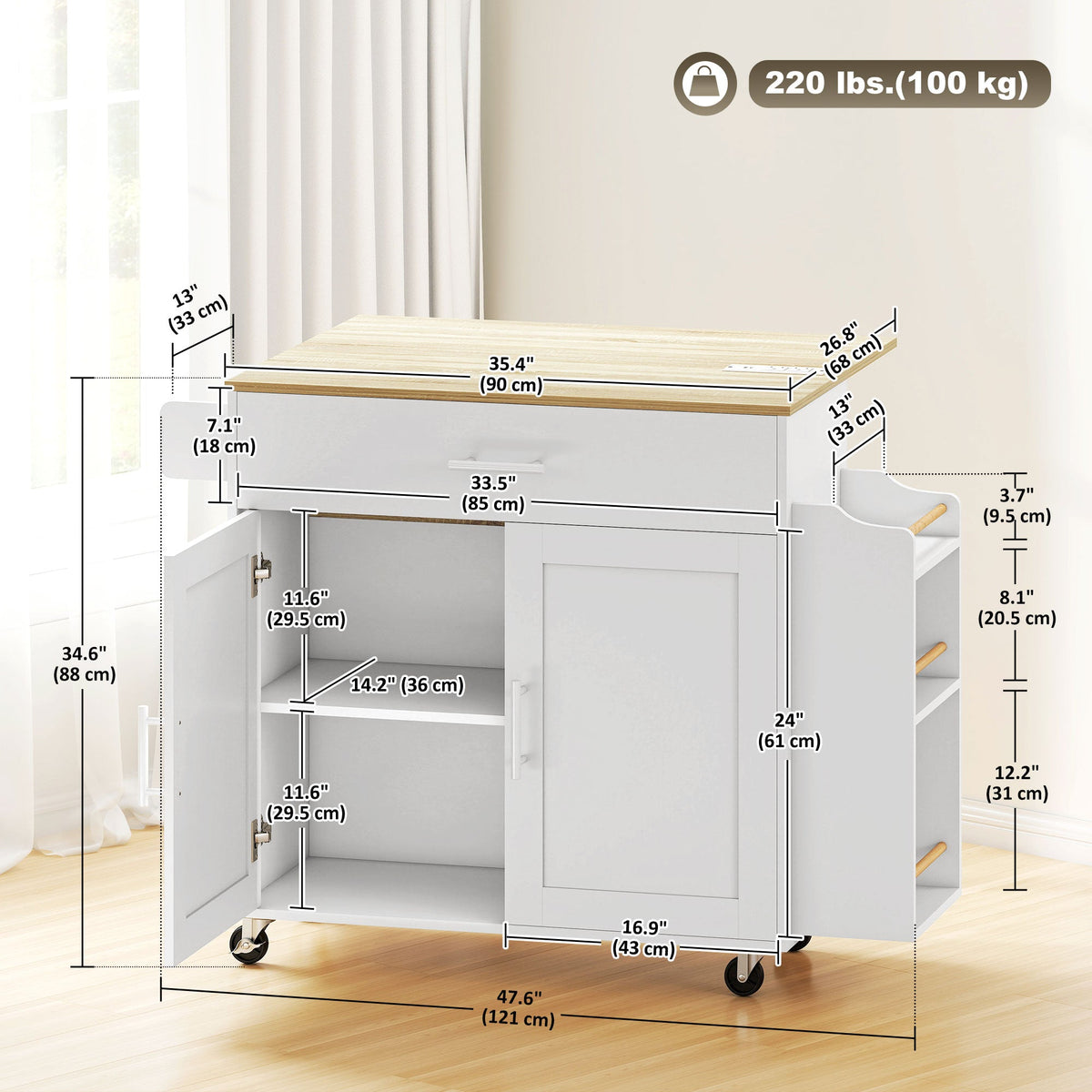 Kitchen Island with Storage, Rolling Kitchen Cart with Foldable Drop Leaf, Power Outlet and USB Ports, Black