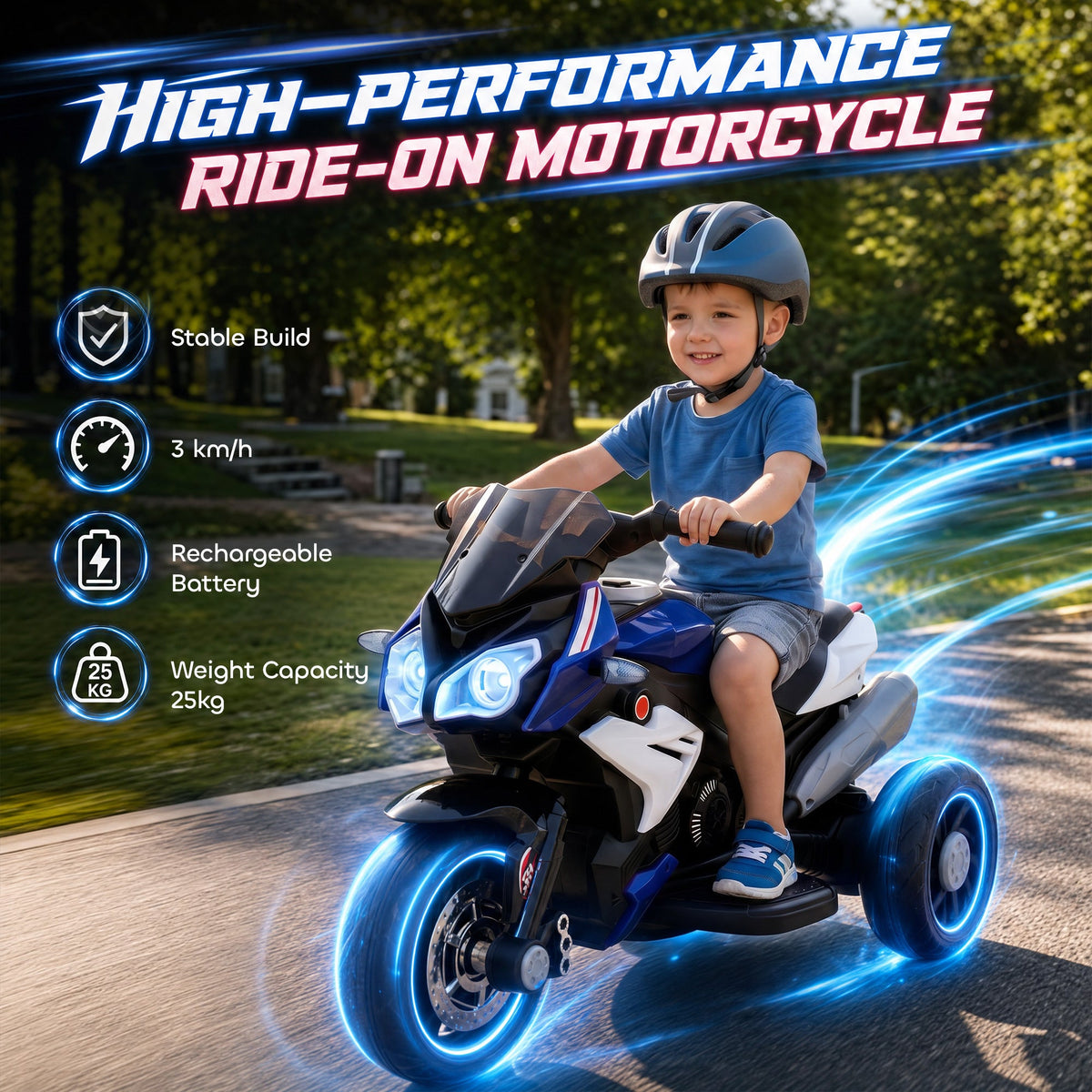 Kids Electric Motorcycle Ride-On Toy with 3 Wheels, Music, Horn, Lights, Black