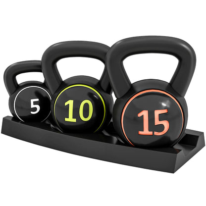 Three-Piece Kettlebell Set Weights with Storage Stand for Home Gym Weight Lifting Training, 5lbs, 10lbs, 15lbs (2.2kg, 4.5kg, 6.8kg)