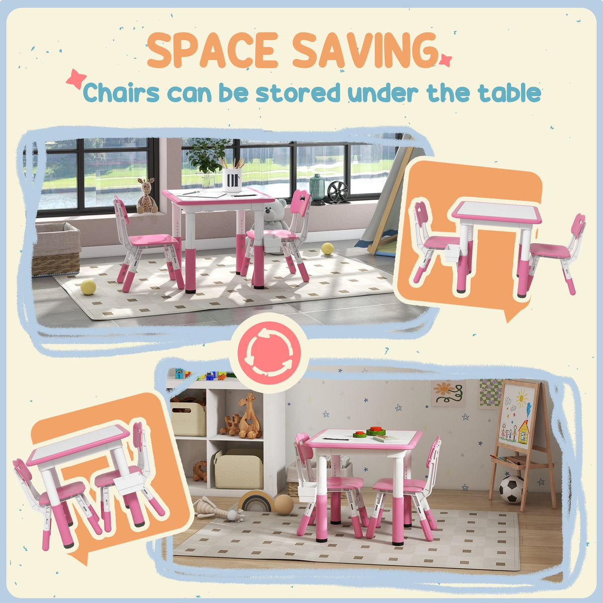 3 Pieces Toddler Table and Chair Set, Height Adjustable Kids Table and Chair Set w/ Storage, for Playroom Grey