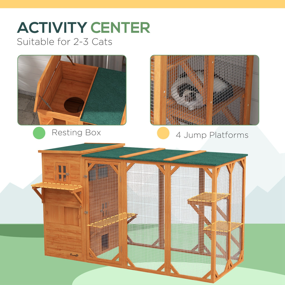 Wooden Cat Catio, 76"L Walk in Outdoor Cat House with Asphalt Roof, Platforms, Lockable Doors, 3-tier Resting Condo, Observation Window, for 2-3 Cats, Light Grey