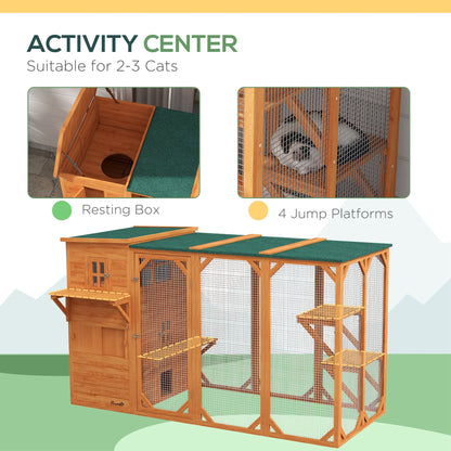 Wooden Cat Catio, 76"L Walk in Outdoor Cat House with Asphalt Roof, Platforms, Lockable Doors, 3-tier Resting Condo, Observation Window, for 2-3 Cats, Light Grey