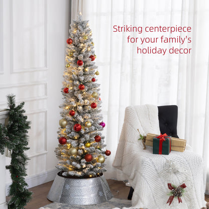 5ft Artificial Prelit Christmas Tree with Warm White LED Light, Snow Flocked Branches, Metal Base, Pencil Xmas Tree