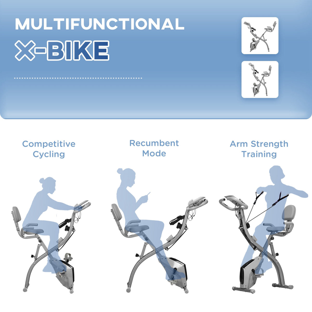 3 in 1 Folding Exercise Bike, Foldable Stationary Bike with 8-Level Magnetic Resistance, Adjustable Seat, Black