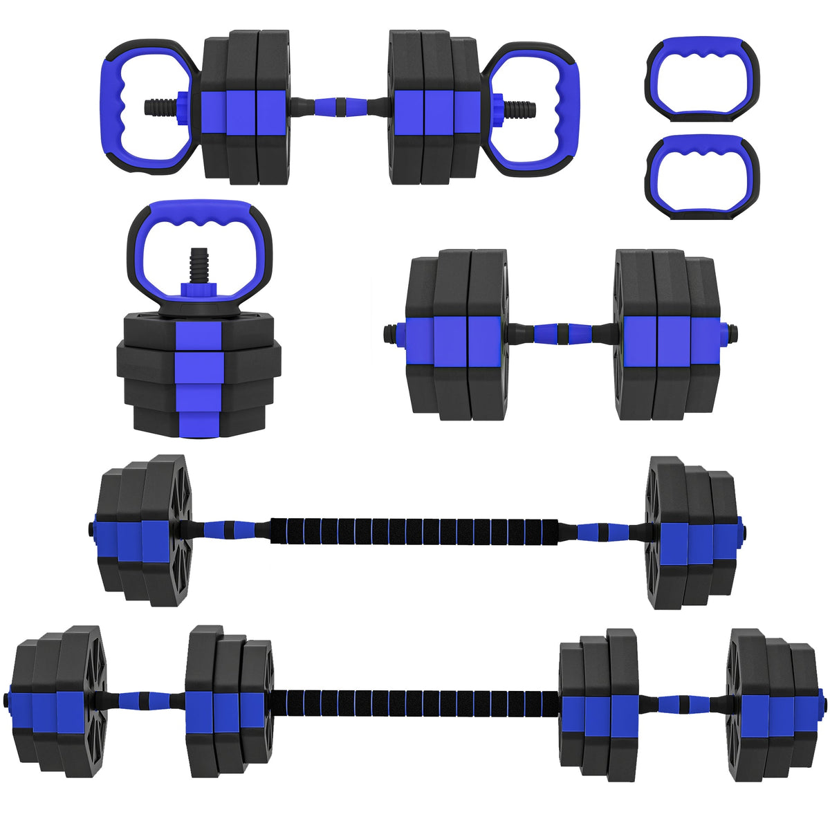 6-in-1 Adjustable Dumbbell Set, Used as Kettlebell, Barbell, Dumbbell, Push-Up Stand, 44lbs Free Weights Set, Blue