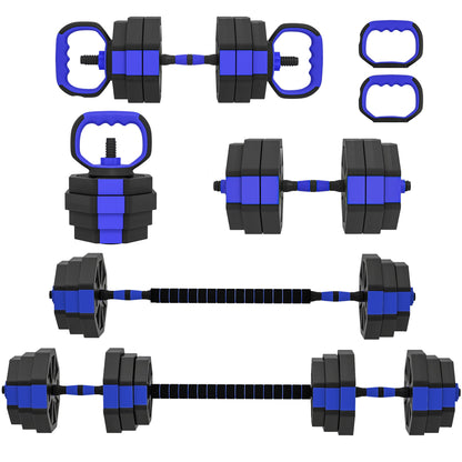 6-in-1 Adjustable Dumbbell Set, Used as Kettlebell, Barbell, Dumbbell, Push-Up Stand, 44lbs Free Weights Set, Blue