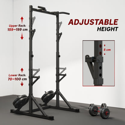 Adjustable Squat Rack, Multi-Function Bench Press Rack with Weight Plate Holders and Pull up Bar, Black