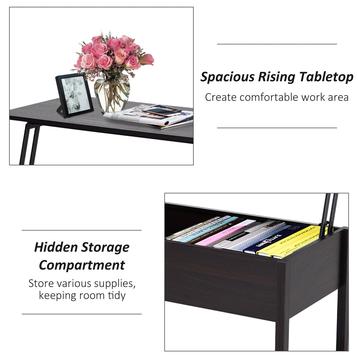 39" Modern Lift Top Coffee Table with Hidden Storage Compartment, Center Table for Living Room, Black