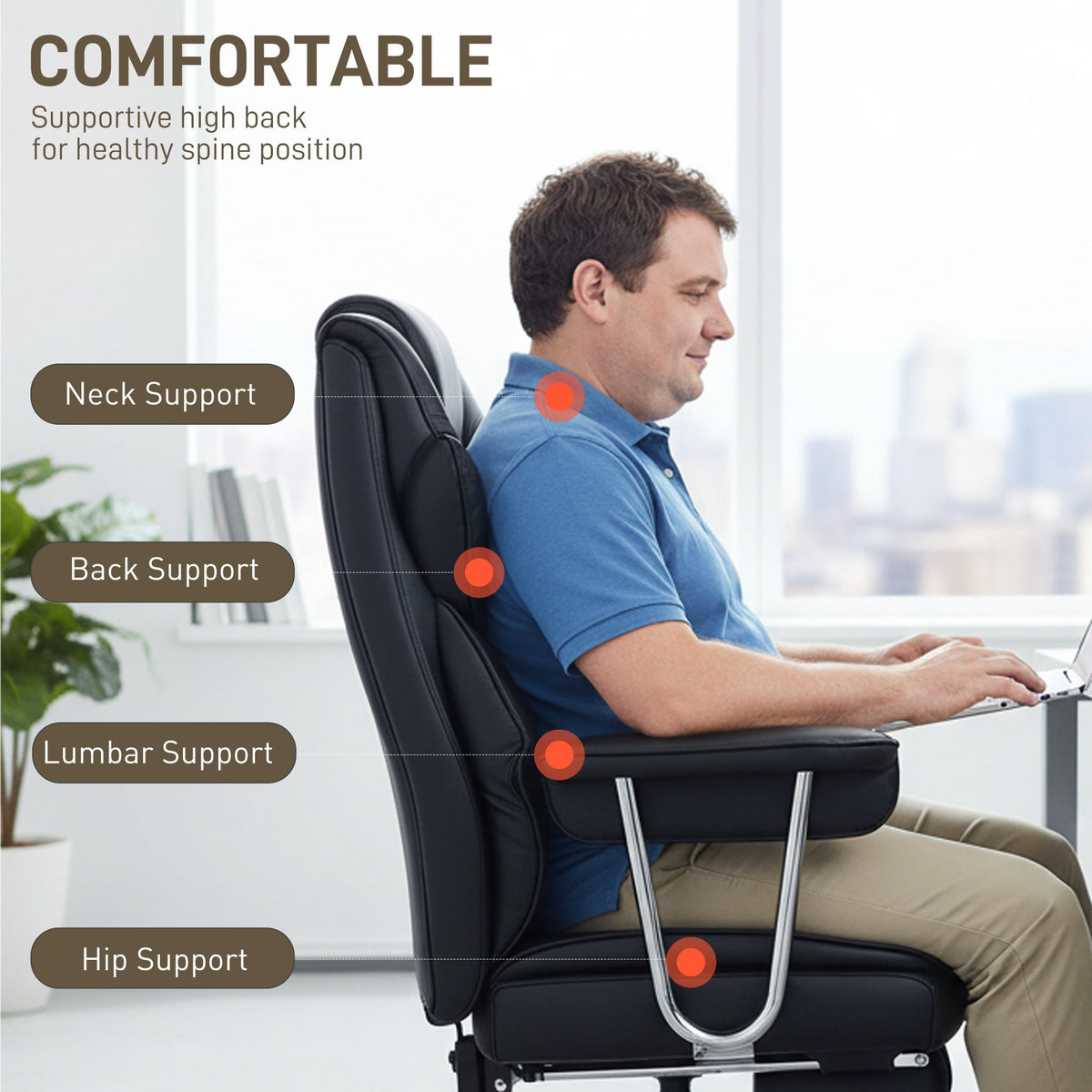 Big and Tall Office Chair, 400 lbs Overstuffed Desk Chair with Shaped Foam, Reclining Backrest, PU Leather