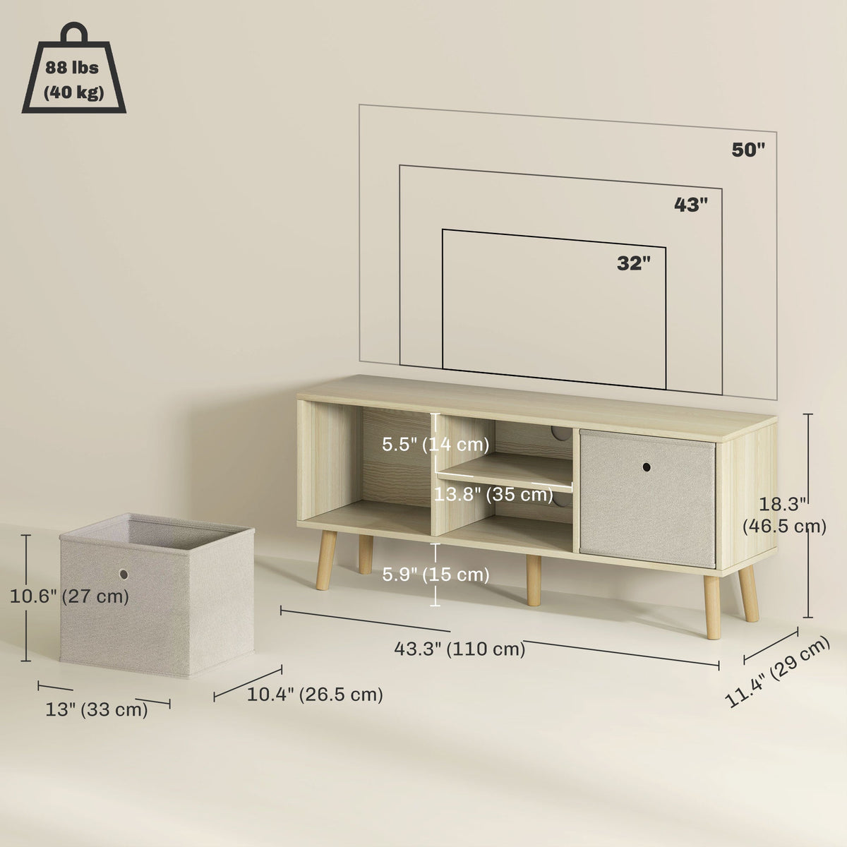 Modern TV Stand Cabinet with Foldable Drawers and Shelves for Living Room, Bedroom, White