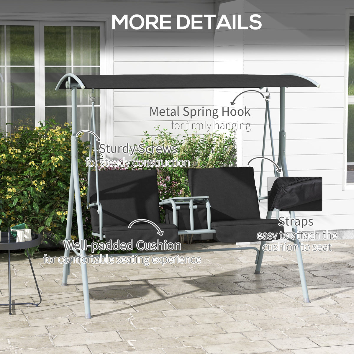 2-Seater Outdoor Porch Swing with Adjustable Canopy and Table, Patio Swing Chair for Garden, Poolside, Backyard, Black