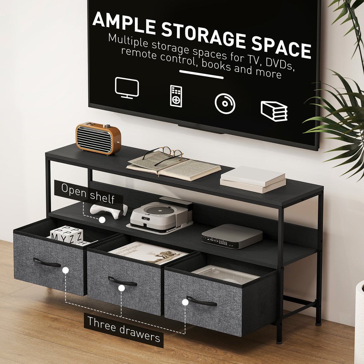 TV Stand with Charging Station, TV Table with 2 Foldable Linen Drawers and Open Shelf for 47 Inch Television, Black