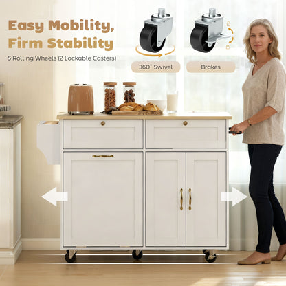 Kitchen Island Cart with Charging Station and Drop Leaf, Kitchen Island Table on Wheels with Trash Can Cabinet, Black
