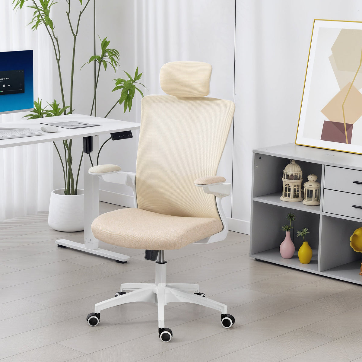 Andre Ergonomic Office Chair with 2D Lumbar Support and adjustable Headrest-Beige/White