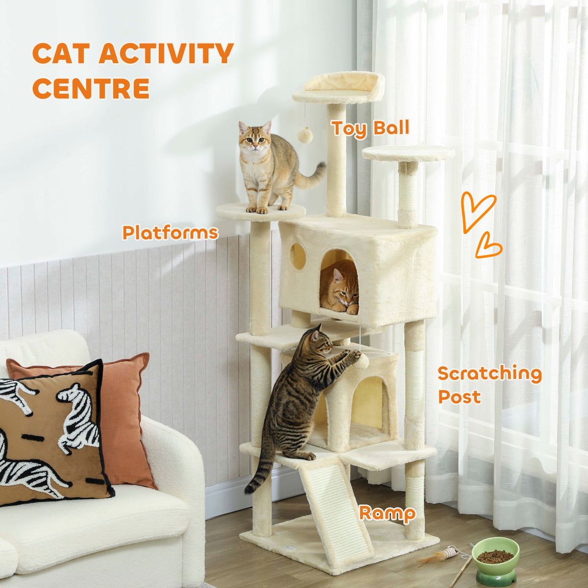 54" Cat Tree, Multi-Level Cat Tower with Scratching Posts, Cat Condos, Bed, Platforms, Ramp, Toy Ball, Beige