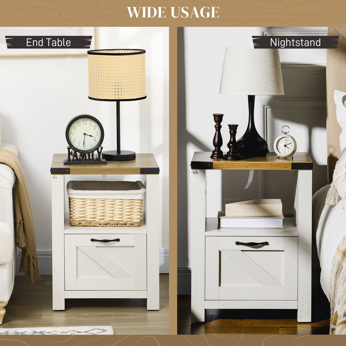 Side Table with Storage, Farmhouse End Table with Drawer, Open Shelf and Barn-style Panel, Nightstand for Living Room, Bedroom, Oak