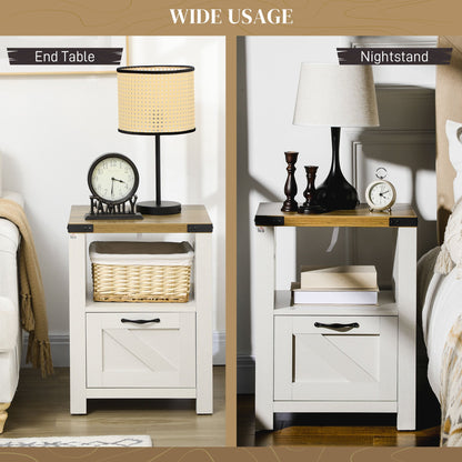 Side Table with Storage, Farmhouse End Table with Drawer, Open Shelf and Barn-style Panel, Nightstand for Living Room, Bedroom, Oak