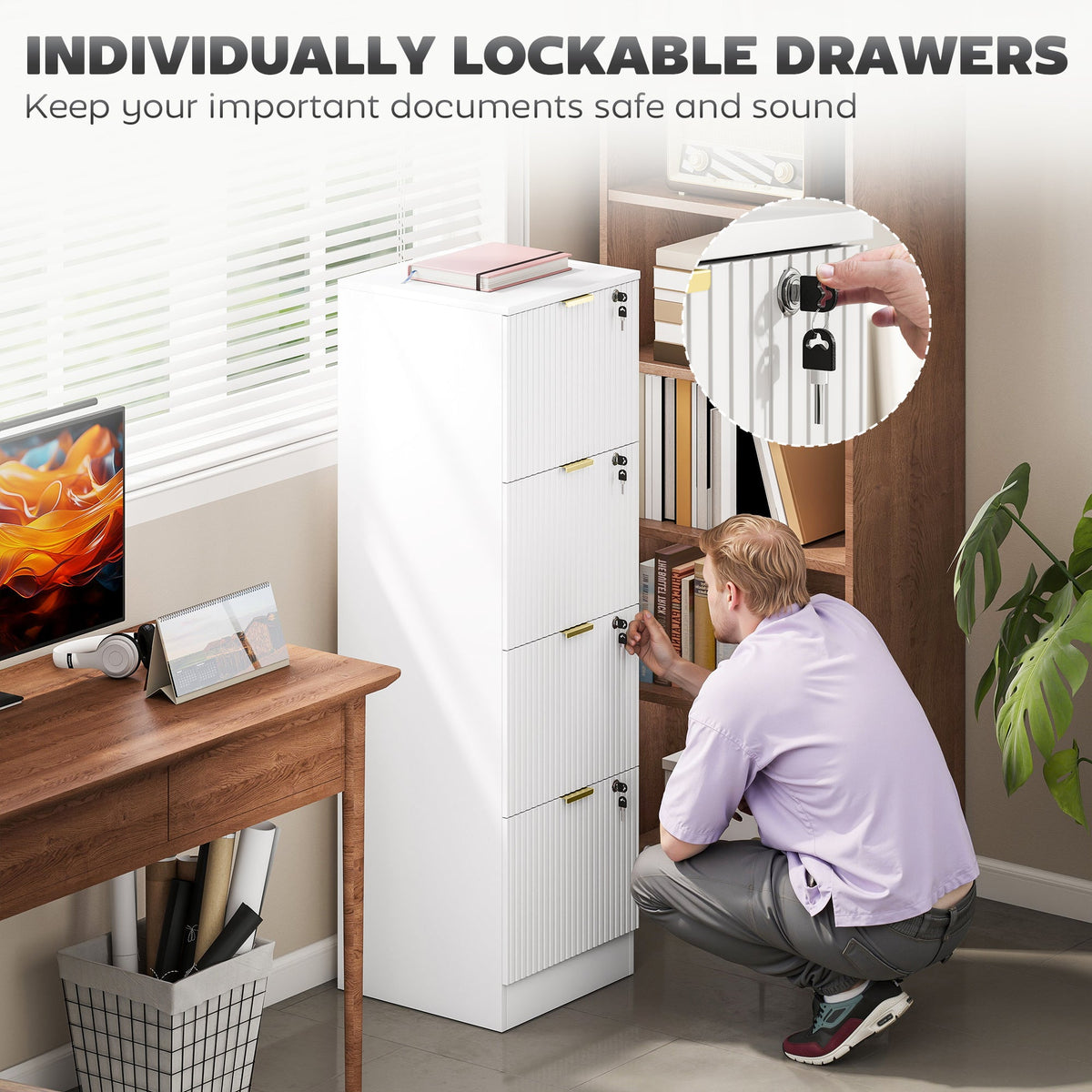 Lockable Filing Cabinet with 2 Fluted Drawers, File Cabinet with Adjustable Hanging Rails for A4 Letter Files, Black