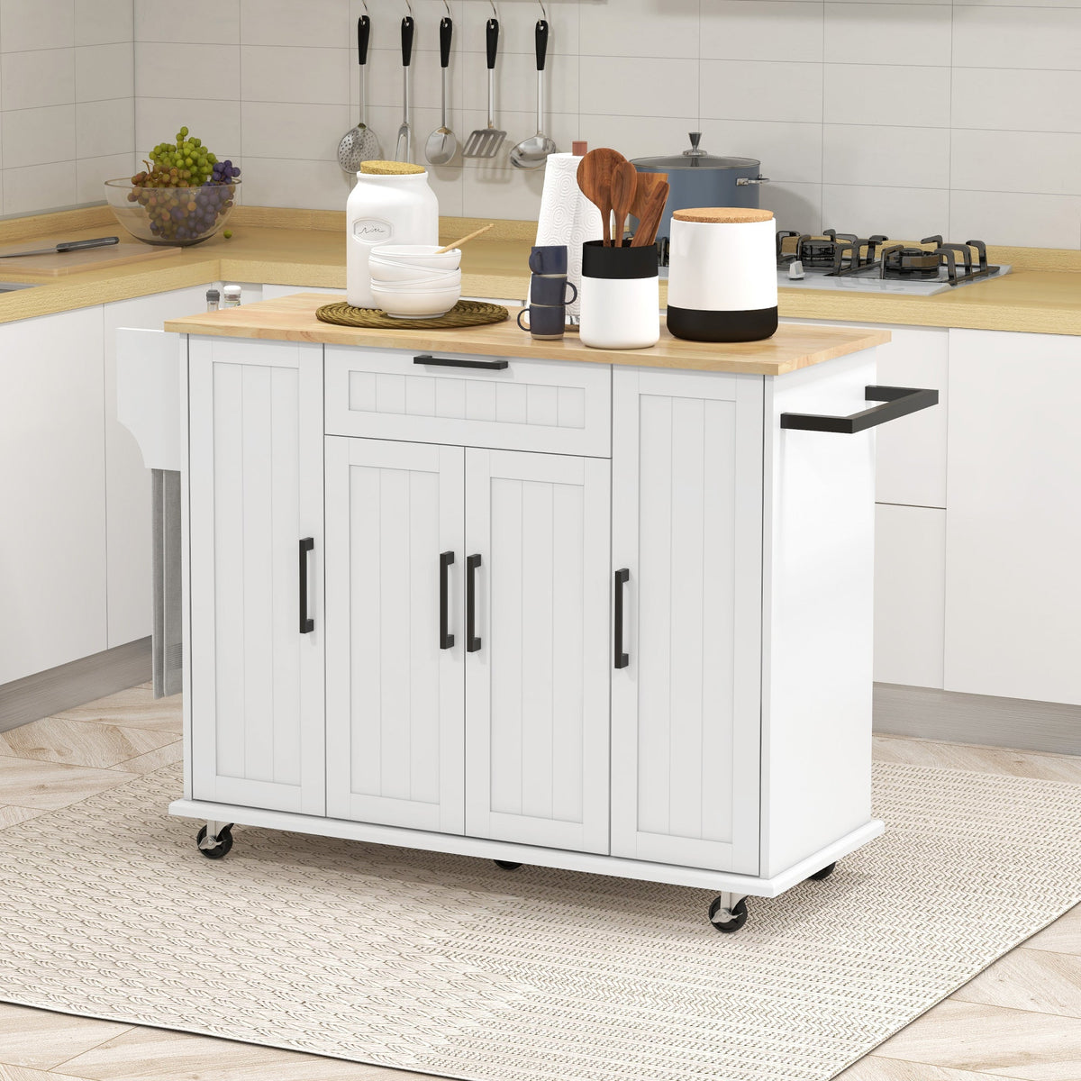 Modern Rolling Kitchen Island Cart with Drawers, Natural Wood Top, Towel Rack, Door Storage Cabinet, Black