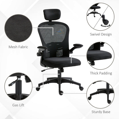 Office Chair, Mesh Computer Desk Chair with Adjustable Headrest, 4D Lumbar Support, Flip-up Arm, Grey