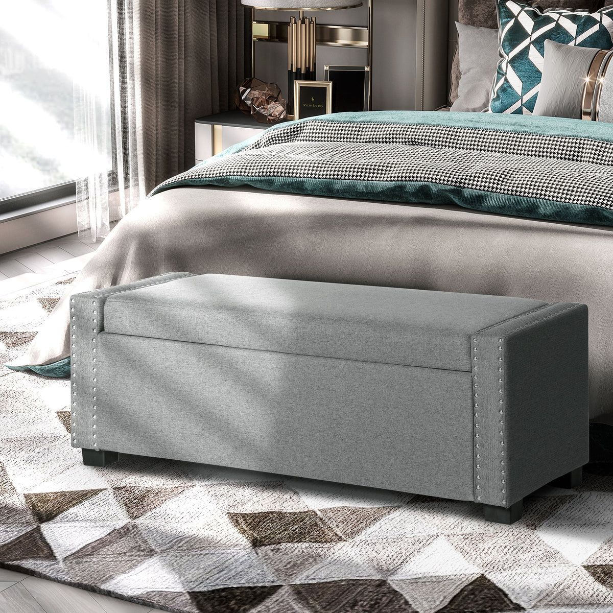 Upholstered Flip Top Storage Bench Fabric Ottoman for Bedroom, Living room, Dark Grey