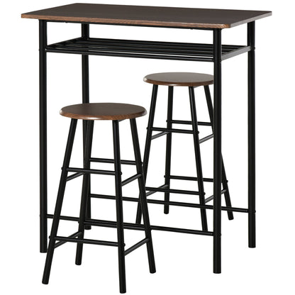 3 Piece Counter Height Bar Table Set with 1 Table, 2 Matching Stools, Dining Table Set with Storage Shelf and Metal Frame Footrest, Black and Oak