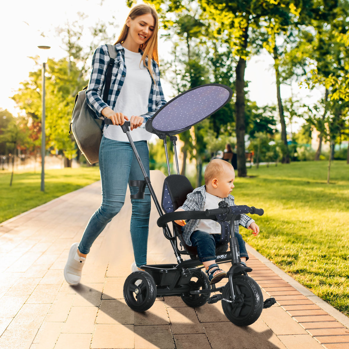 6 in 1 Kids Tricycle with Removable Handlebar and Canopy, Navy Blue