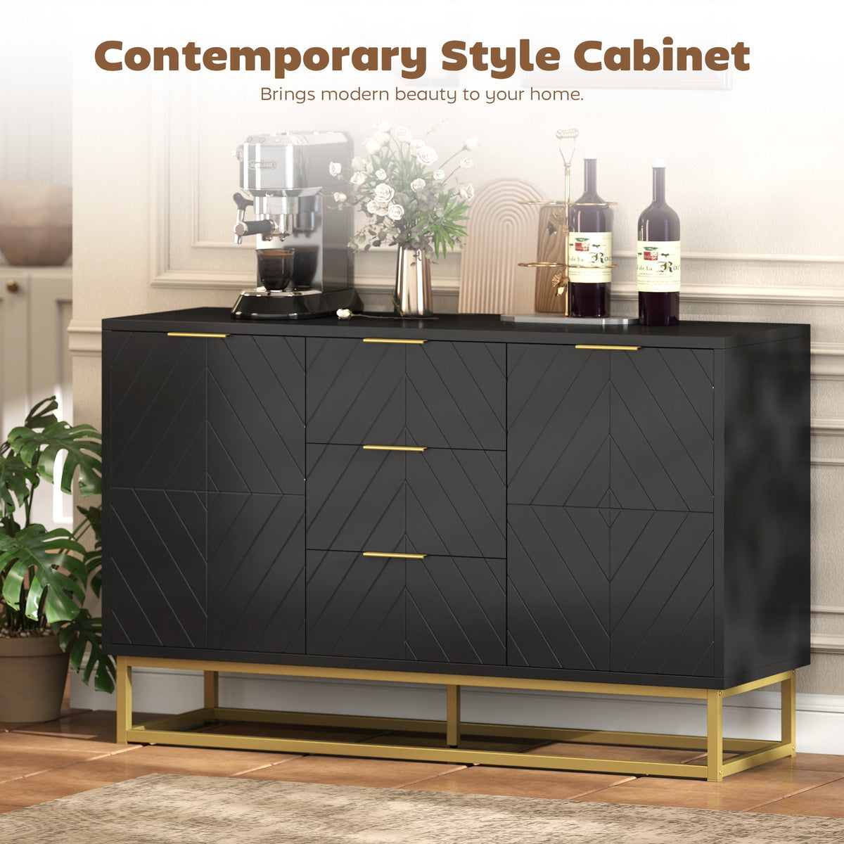 47" Storage Cabinet with Doors, Adjustable Shelves, 3 Drawers, Metal Legs for Kitchen Storage, Home Use, White