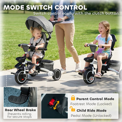 Tricycle for Toddler 6-in-1 Kids Trike, Foldable Converts Stroller to Baby Push Bike, Adjustable Backrest with Detachable Guardrail & Handle, Brake for 1-4 Years Old, Grey
