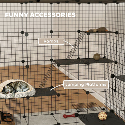 4 Tier DIY Cat Cage Indoor, Catio for 1-3 Cats with Hammock, 5 Doors, 3 Ramps, 3 Jumping Platforms, for 1-3 Cats, Black