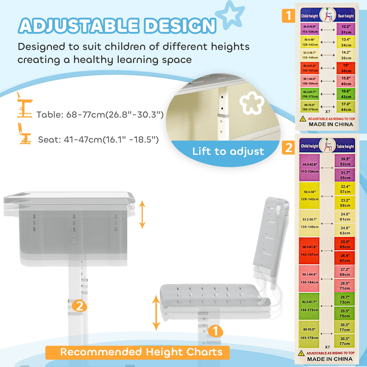 Kids Desk and Chair Set, Height Adjustable Children Study Desk and Chair with Drawer, Study Table for Bedroom, Grey