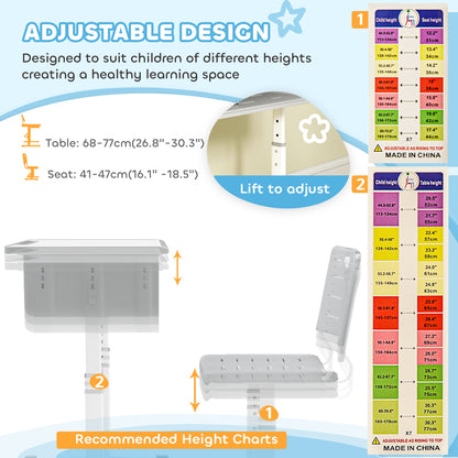 Kids Desk and Chair Set, Height Adjustable Children Study Desk and Chair with Drawer, Study Table for Bedroom, Grey