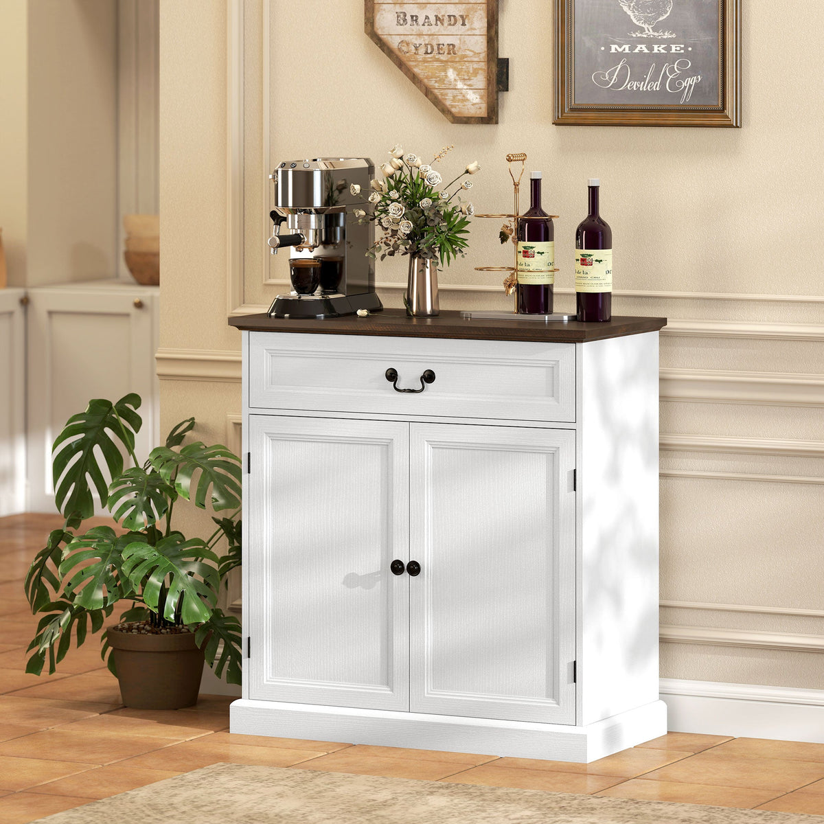 Buffet Cabinet, 32" Farmhouse Sideboard with Thick Top, Quiet Drawer and Adjustable Shelf, White Wood Grain