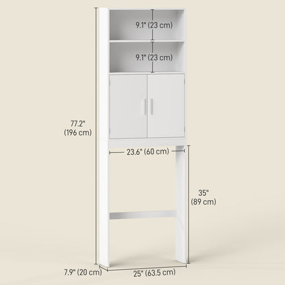 Over The Toilet Storage Cabinet, Freestanding 4-Tier Bathroom Organizer with Adjustable Shelf and 2 Doors, White