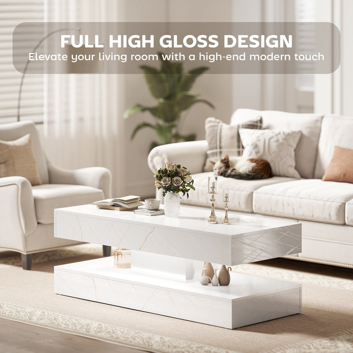 Coffee Table with Adjustable LED Lights, Modern Living Room Table with 2 Drawers, Open Shelf, Remote, High Gloss White