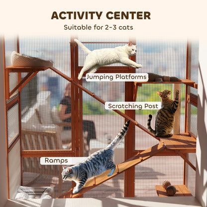 Large Outdoor Catio with 6 Jumping Platforms, Scratching Post, 2 Ramps, Waterproof Roof, Grey