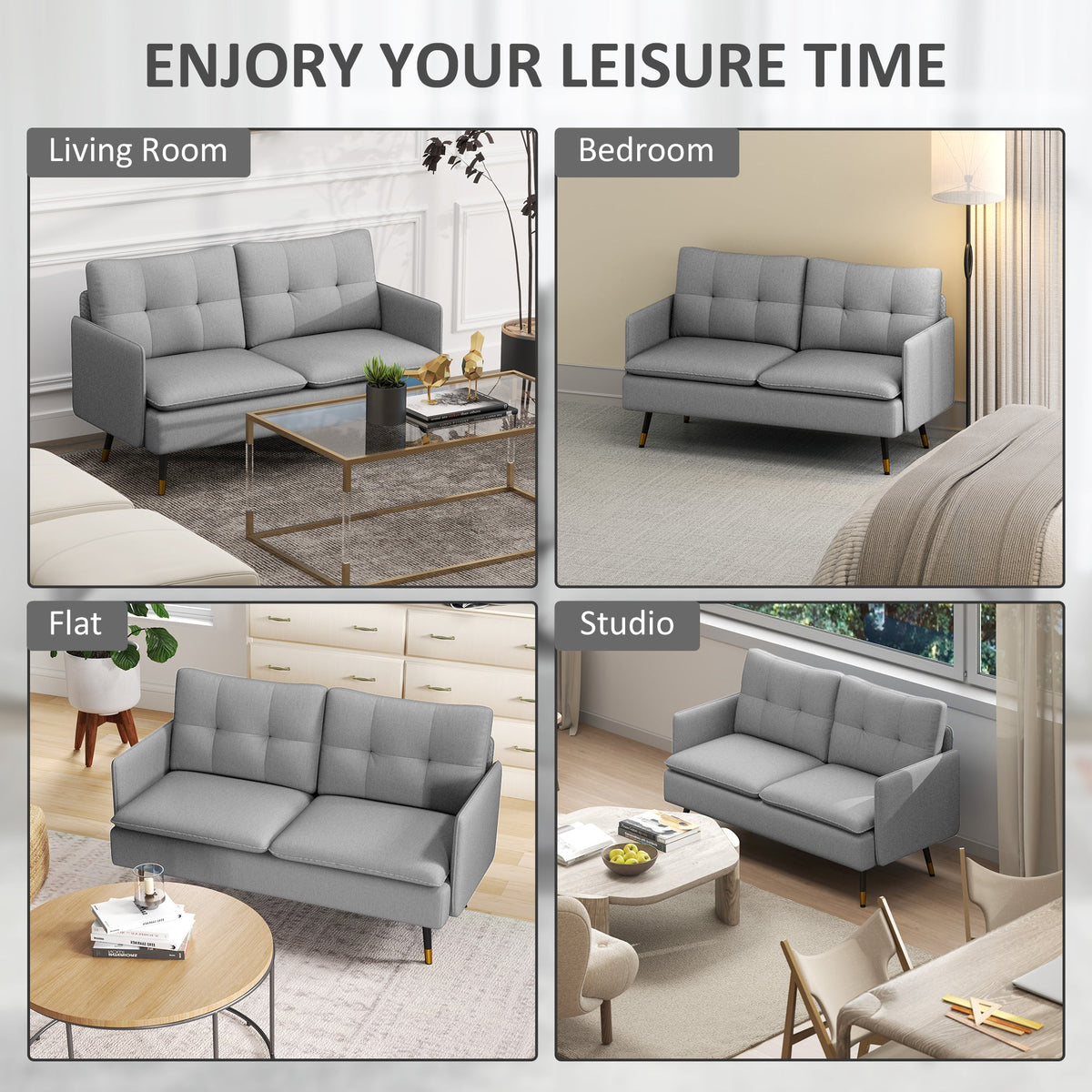 55" Loveseat Sofa, Linen Love Seat w/ S spring, Steel Legs and Button Tufting, Small Couch for Living Room, Dark Grey