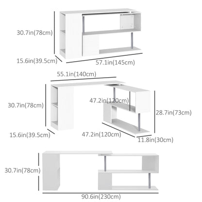 55" Corner Computer Desk, 360° Rotating L-Shaped Desk, Home Office Workstation with 3-Tier Shelves, Bookshelf, Black