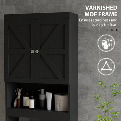 Over The Toilet Cabinet, Modern Bathroom Above Toilet Storage with Barn Doors and Open Shelf, Black